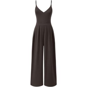 imageANRABESS Women V Neck Spaghetti Strap Wide Leg Dressy Jumpsuits 2025 Summer Casual One Piece Jumper Romper Outfits ampamp PocketsDeep Brown