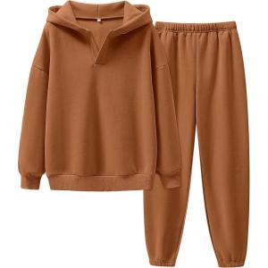 imageANRABESS Womens 2 Piece Outfits Lounge Hoodie Oversized Sweatshirt V Neck Pullover Jogger Sweatpants 2025 Fall Matching SetCaramel