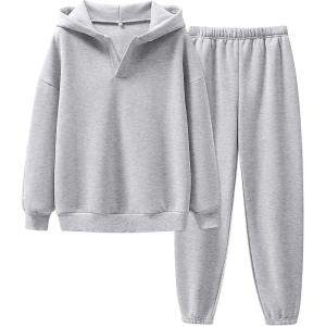 imageANRABESS Womens 2 Piece Outfits Lounge Hoodie Oversized Sweatshirt V Neck Pullover Jogger Sweatpants 2025 Fall Matching SetGrey