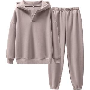 imageANRABESS Womens 2 Piece Outfits Lounge Hoodie Oversized Sweatshirt V Neck Pullover Jogger Sweatpants 2025 Fall Matching SetLight Khaki