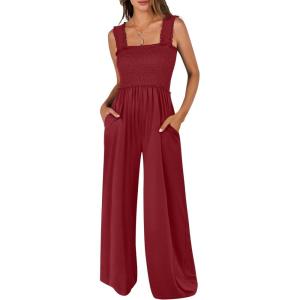 imageANRABESS Womens Casual Summer Jumpsuits Smocked Sleeveless Wide Leg Long Romper Jumpers 2025 Beach Vacation OutfitsWine Red