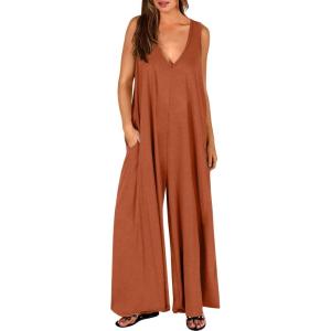 imageANRABESS Womens Casual Summer Loose Jumpsuits Sleeveless Tank V Neck Wide Leg Long Pant Rompers Baggy Jumper with PocketsBrick Red