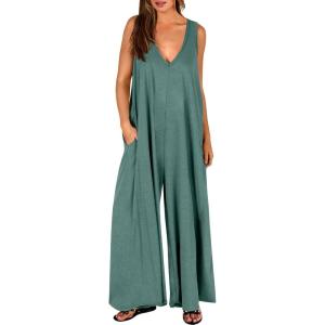 imageANRABESS Womens Casual Summer Loose Jumpsuits Sleeveless Tank V Neck Wide Leg Long Pant Rompers Baggy Jumper with PocketsGreen