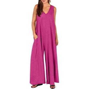 imageANRABESS Womens Casual Summer Loose Jumpsuits Sleeveless Tank V Neck Wide Leg Long Pant Rompers Baggy Jumper with PocketsHot Pink