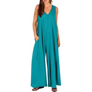 imageANRABESS Womens Casual Summer Loose Jumpsuits Sleeveless Tank V Neck Wide Leg Long Pant Rompers Baggy Jumper with PocketsLake Green