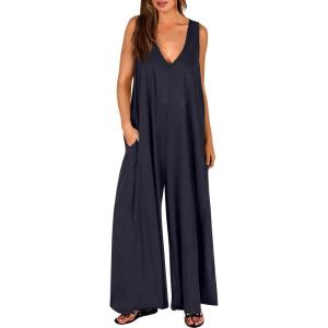 imageANRABESS Womens Casual Summer Loose Jumpsuits Sleeveless Tank V Neck Wide Leg Long Pant Rompers Baggy Jumper with PocketsNavy Blue
