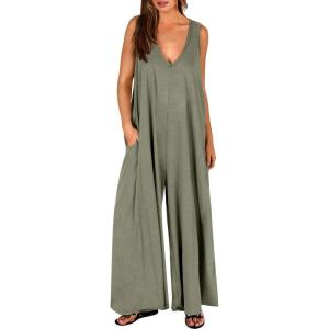 imageANRABESS Womens Casual Summer Loose Jumpsuits Sleeveless Tank V Neck Wide Leg Long Pant Rompers Baggy Jumper with PocketsOlive