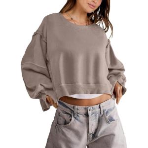 imageANRABESS Womens Cropped Sweatshirts Oversized Crewneck Long Sleeve Tops 2025 Fall Winter Loose Pullover Teen Girls ClothesKhaki