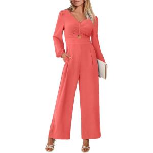 imageANRABESS Womens Jumpsuits Dressy Long Sleeve Wide Leg V Neck Pants Rompers 2025 Fall Formal One Piece Wedding Guest OutfitsOrange Red