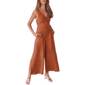 imageANRABESS Womens Jumpsuits Summer Wide Leg Sleeveless V Neck Casual Dressy Linen Pants Rompers 2025 Vacation Beach OutfitsBrick Red