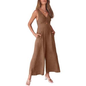imageANRABESS Womens Jumpsuits Summer Wide Leg Sleeveless V Neck Casual Dressy Linen Pants Rompers 2025 Vacation Beach OutfitsBrown