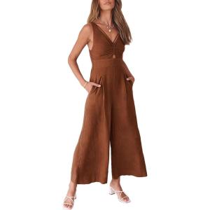 imageANRABESS Womens Jumpsuits Summer Wide Leg Sleeveless V Neck Casual Dressy Linen Pants Rompers 2025 Vacation Beach OutfitsCaramel