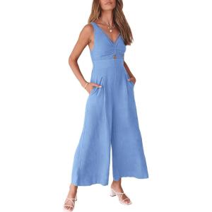 imageANRABESS Womens Jumpsuits Summer Wide Leg Sleeveless V Neck Casual Dressy Linen Pants Rompers 2025 Vacation Beach OutfitsSky Blue