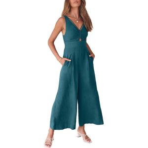 imageANRABESS Womens Jumpsuits Summer Wide Leg Sleeveless V Neck Casual Dressy Linen Pants Rompers 2025 Vacation Beach OutfitsTeal