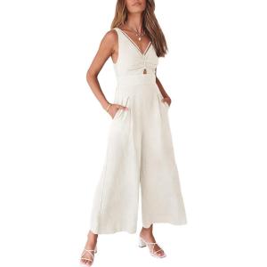imageANRABESS Womens Jumpsuits Summer Wide Leg Sleeveless V Neck Casual Dressy Linen Pants Rompers 2025 Vacation Beach OutfitsWhite