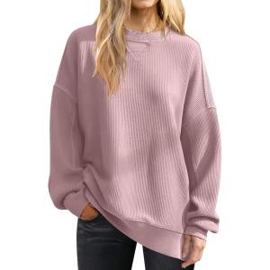 imageANRABESS Womens Oversized Sweatshirts Crewneck Corduroy Side Slit Pullover Sweaters 2025 Fall Long Sleeve Tunic Tops OutfitsPink