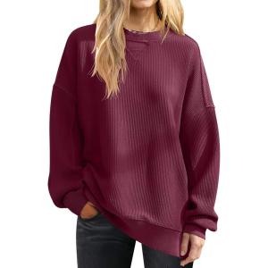 imageANRABESS Womens Oversized Sweatshirts Crewneck Corduroy Side Slit Pullover Sweaters 2025 Fall Long Sleeve Tunic Tops OutfitsWine Red