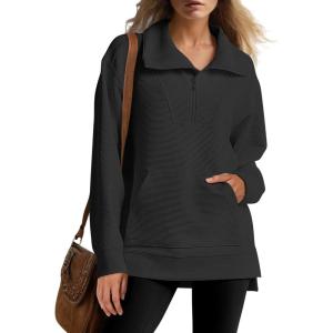 imageANRABESS Womens Quarter Zip Oversized Long Sleeve Ribbed Knit Tunic SweatshirtsBlack