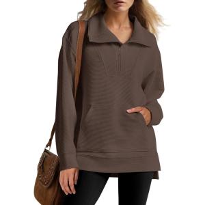 imageANRABESS Womens Quarter Zip Oversized Long Sleeve Ribbed Knit Tunic SweatshirtsCoffee