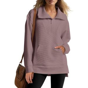 imageANRABESS Womens Quarter Zip Oversized Long Sleeve Ribbed Knit Tunic SweatshirtsCoffee Grey