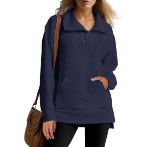 imageANRABESS Womens Quarter Zip Oversized Long Sleeve Ribbed Knit Tunic SweatshirtsNavy Blue