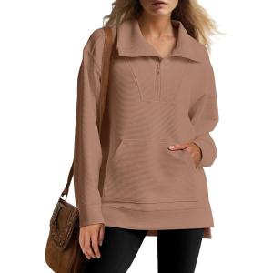imageANRABESS Womens Quarter Zip Oversized Long Sleeve Ribbed Knit Tunic SweatshirtsNutmeg