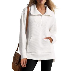 imageANRABESS Womens Quarter Zip Oversized Long Sleeve Ribbed Knit Tunic SweatshirtsWhite