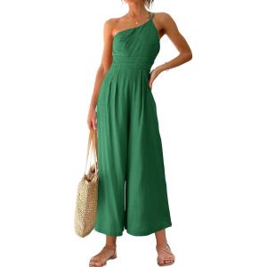 imageANRABESS Womens Summer Straps One Shoulder High Waist Dressy Casual Wide Leg Linen Jumpsuit Romper Beach Travel OutfitsForest