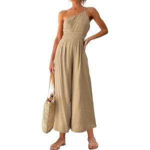 imageANRABESS Womens Summer Straps One Shoulder High Waist Dressy Casual Wide Leg Linen Jumpsuit Romper Beach Travel OutfitsKahki