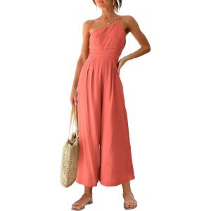 imageANRABESS Womens Summer Straps One Shoulder High Waist Dressy Casual Wide Leg Linen Jumpsuit Romper Beach Travel OutfitsPeach