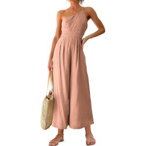 imageANRABESS Womens Summer Straps One Shoulder High Waist Dressy Casual Wide Leg Linen Jumpsuit Romper Beach Travel OutfitsPink