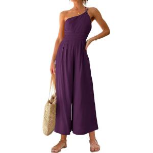 imageANRABESS Womens Summer Straps One Shoulder High Waist Dressy Casual Wide Leg Linen Jumpsuit Romper Beach Travel OutfitsPurple
