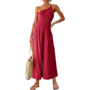 imageANRABESS Womens Summer Straps One Shoulder High Waist Dressy Casual Wide Leg Linen Jumpsuit Romper Beach Travel OutfitsRed