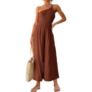 imageANRABESS Womens Summer Straps One Shoulder High Waist Dressy Casual Wide Leg Linen Jumpsuit Romper Beach Travel OutfitsRedbrown