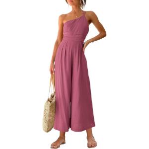 imageANRABESS Womens Summer Straps One Shoulder High Waist Dressy Casual Wide Leg Linen Jumpsuit Romper Beach Travel OutfitsRose