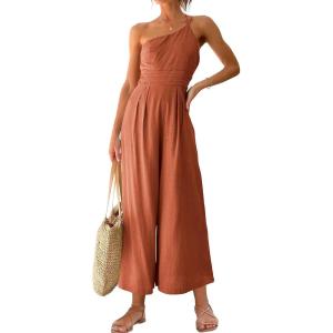 imageANRABESS Womens Summer Straps One Shoulder High Waist Dressy Casual Wide Leg Linen Jumpsuit Romper Beach Travel OutfitsRust