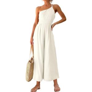 imageANRABESS Womens Summer Straps One Shoulder High Waist Dressy Casual Wide Leg Linen Jumpsuit Romper Beach Travel OutfitsWhite