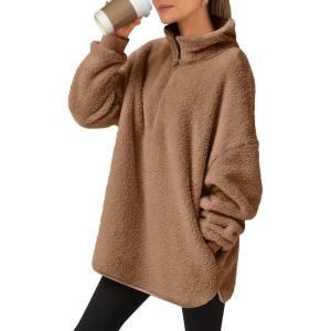 imageANRABESS Womens Sweatshirt Sherpa Fuzzy Fleece Zip Up Hoodies Cozy Pullover Soft Sweaters Tops 2025 Fall Trendy ClothesBrown