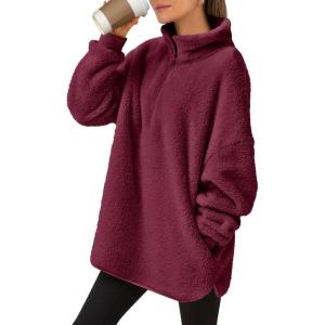 imageANRABESS Womens Sweatshirt Sherpa Fuzzy Fleece Zip Up Hoodies Cozy Pullover Soft Sweaters Tops 2025 Fall Trendy ClothesBurgundy