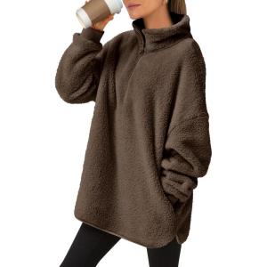 imageANRABESS Womens Sweatshirt Sherpa Fuzzy Fleece Zip Up Hoodies Cozy Pullover Soft Sweaters Tops 2025 Fall Trendy ClothesDeep Brown