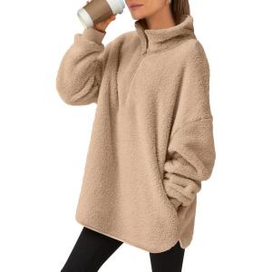 imageANRABESS Womens Sweatshirt Sherpa Fuzzy Fleece Zip Up Hoodies Cozy Pullover Soft Sweaters Tops 2025 Fall Trendy ClothesKhaki