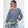 imageANRABESS Womens Oversized Striped Sweaters Long Sleeve Crewneck Casual Side Slit Pullover Tops 2025 Fall Trendy OutfitsGreen Pink