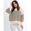 imageANRABESS Womens Oversized Sweaters Fall 2025 Fashion Crewneck Batwing Long Sleeve Side Slit Knit Pullover Sweater TopsBeige Stripe Black