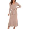 imageANRABESS Womens Long Sleeve Fall Dress 2025 V Neck Aline Tie Waist Ribbed Knit Bodycon Midi Sweater DressesAlmond