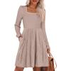 imageANRABESS Womens Square Neck Long Sleeve Fall Dress Casual Ribbed Knit Soft 2025 Trendy Short Sweater Dresses with PocketsTan