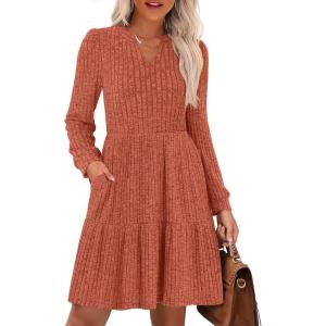 imageANRABESS Long Sleeve Dress for Women Fall Fashion Outfits 2025 Casual V Neck Ribbed Knit Short Sweater Dresses with PocketsBurnt Orange