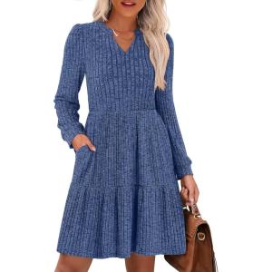 imageANRABESS Long Sleeve Dress for Women Fall Fashion Outfits 2025 Casual V Neck Ribbed Knit Short Sweater Dresses with PocketsDark Blue