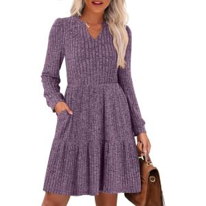 imageANRABESS Long Sleeve Dress for Women Fall Fashion Outfits 2025 Casual V Neck Ribbed Knit Short Sweater Dresses with PocketsPurple