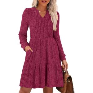 imageANRABESS Long Sleeve Dress for Women Fall Fashion Outfits 2025 Casual V Neck Ribbed Knit Short Sweater Dresses with PocketsWine Red