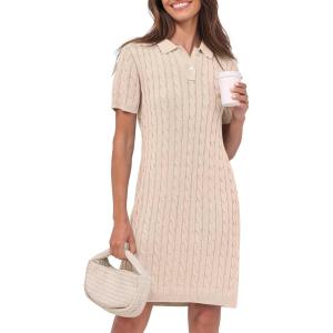 imageANRABESS Short Sleeve Sweater Dress for Women Summer Casual V Neck Cable Knit Mini Polo Dresses 2025 TrendyApricot